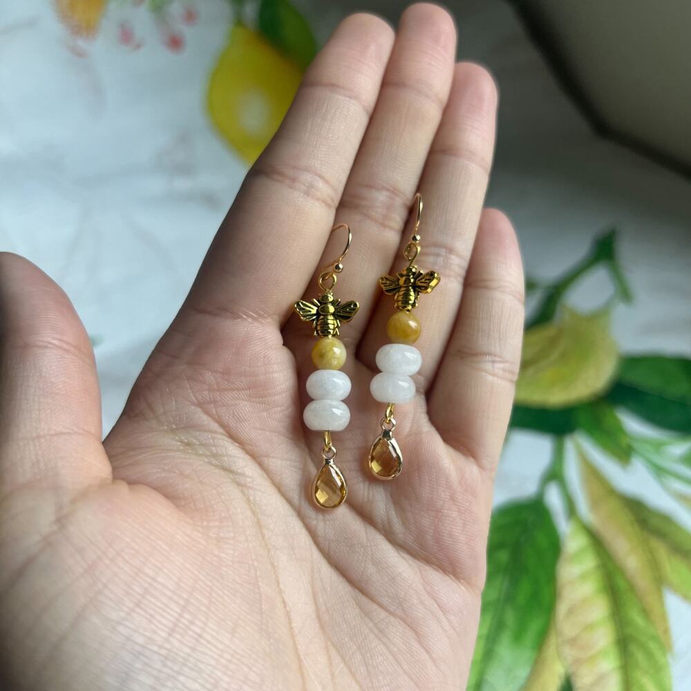 Bee Earrings, White Honey Amber Yellow Jade, Citrine Teardrop Fun Earrings